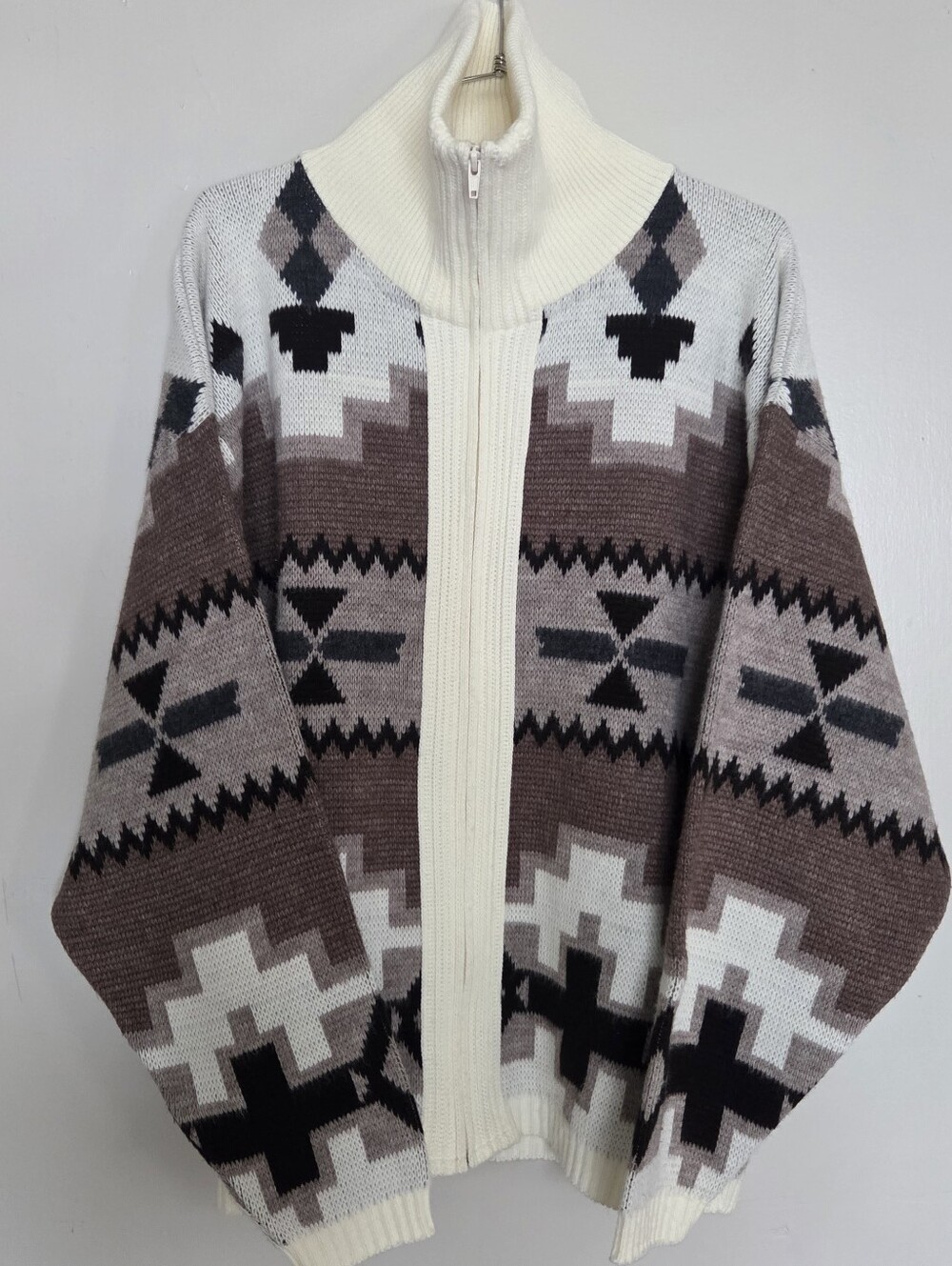 Vtg Cardigan Sweater Mens XL Cream Zip Up Collared Aztec Tribal Knit Dude Style